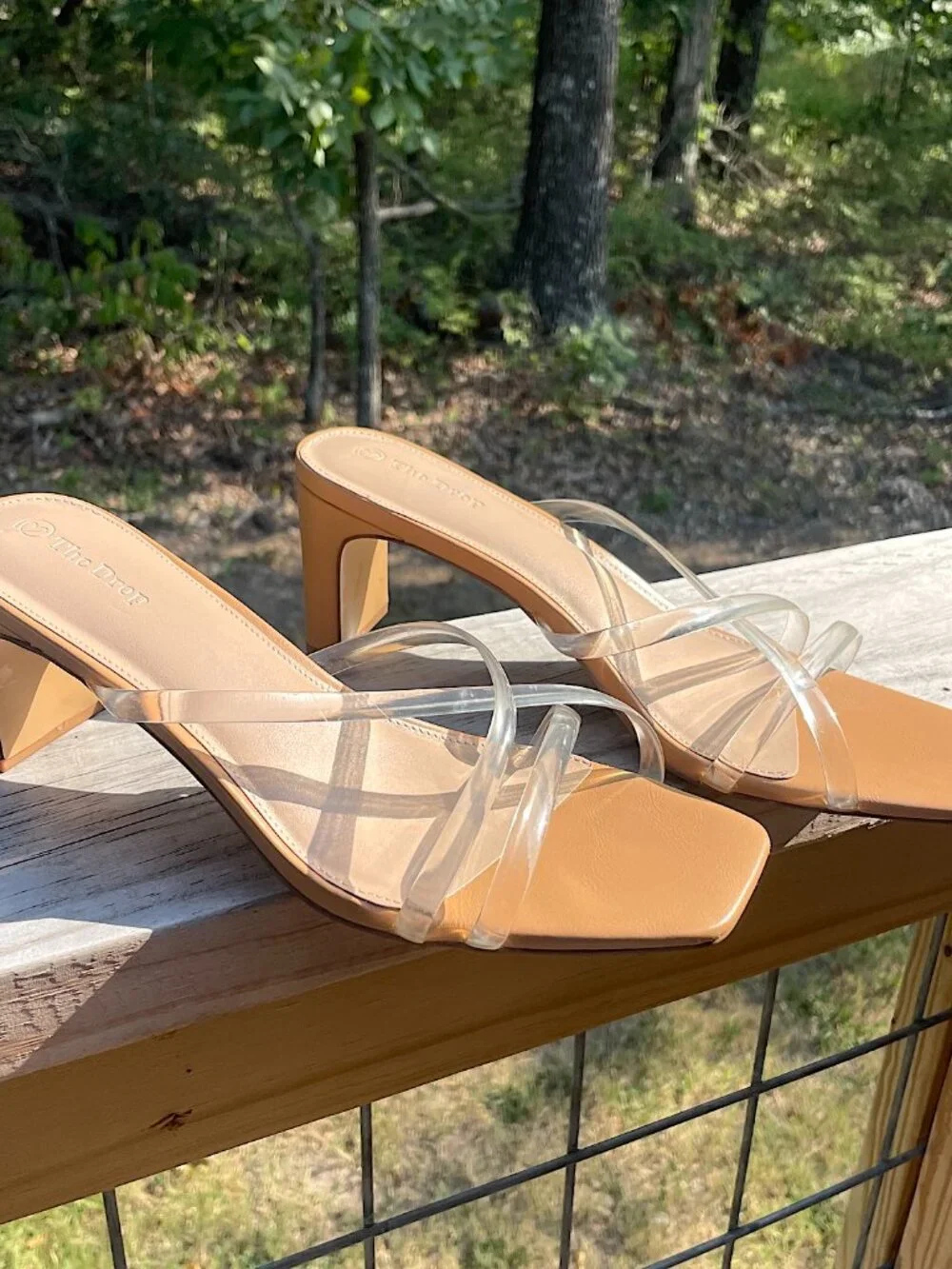 The Drop Clear Strap Slim Block Heel Sandals Quiet Luxury Tan 9.5 EUC